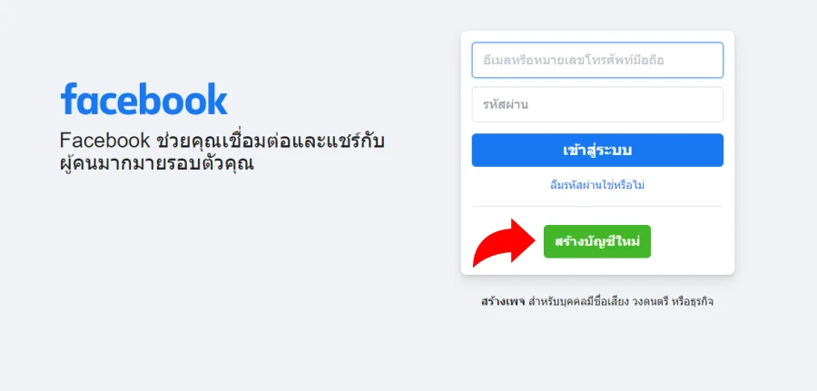 หน้าเว็บ Facebook สำหรับลงทะเบียนสร้างบัญชีใหม่
