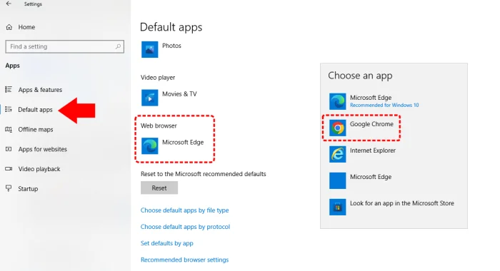 ตั้งค่า Chrome ค่าเริ่มต้น Windows 10