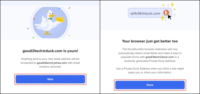 อีเมลที่สร้างขึ้นจะลงท้ายด้วยที่อยู่ @duck.com